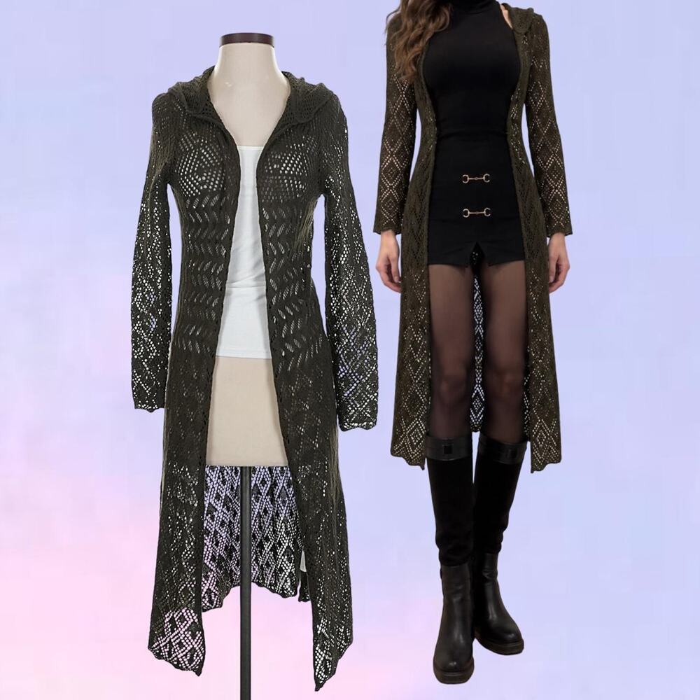 Vintage 90s y2k open weave duster cardigan olive green